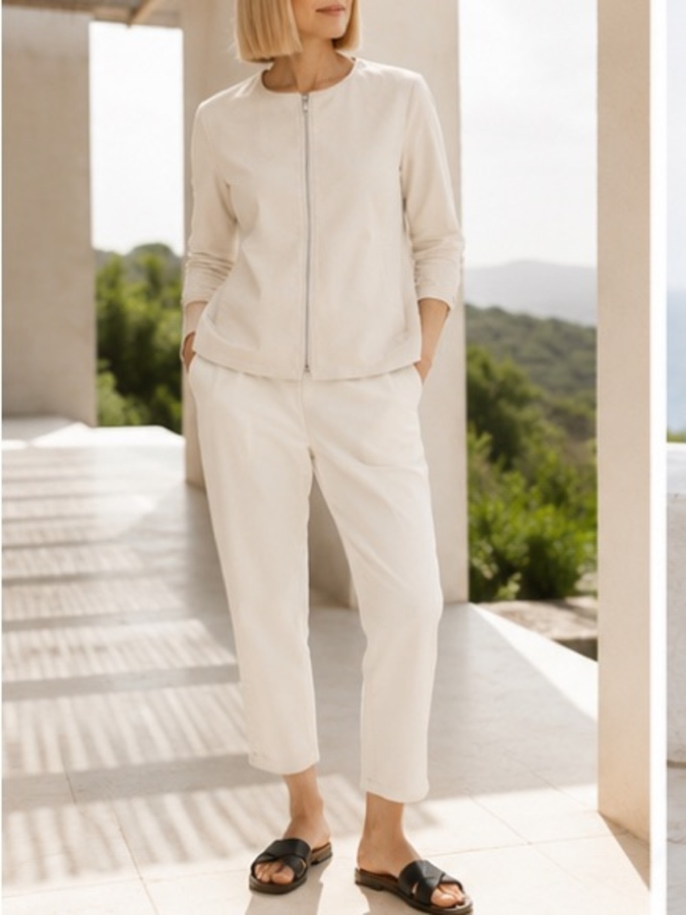 NWT Eileen Fisher System Bone Polished Ramie Stretch Zip Front Jacket Size M